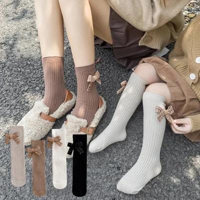 Bowknot Calf Sock for Kids Girl Sweet Princess Knee High Sock for Baby Girl Solid Spring Autumn Color Striped Sock for Toddler