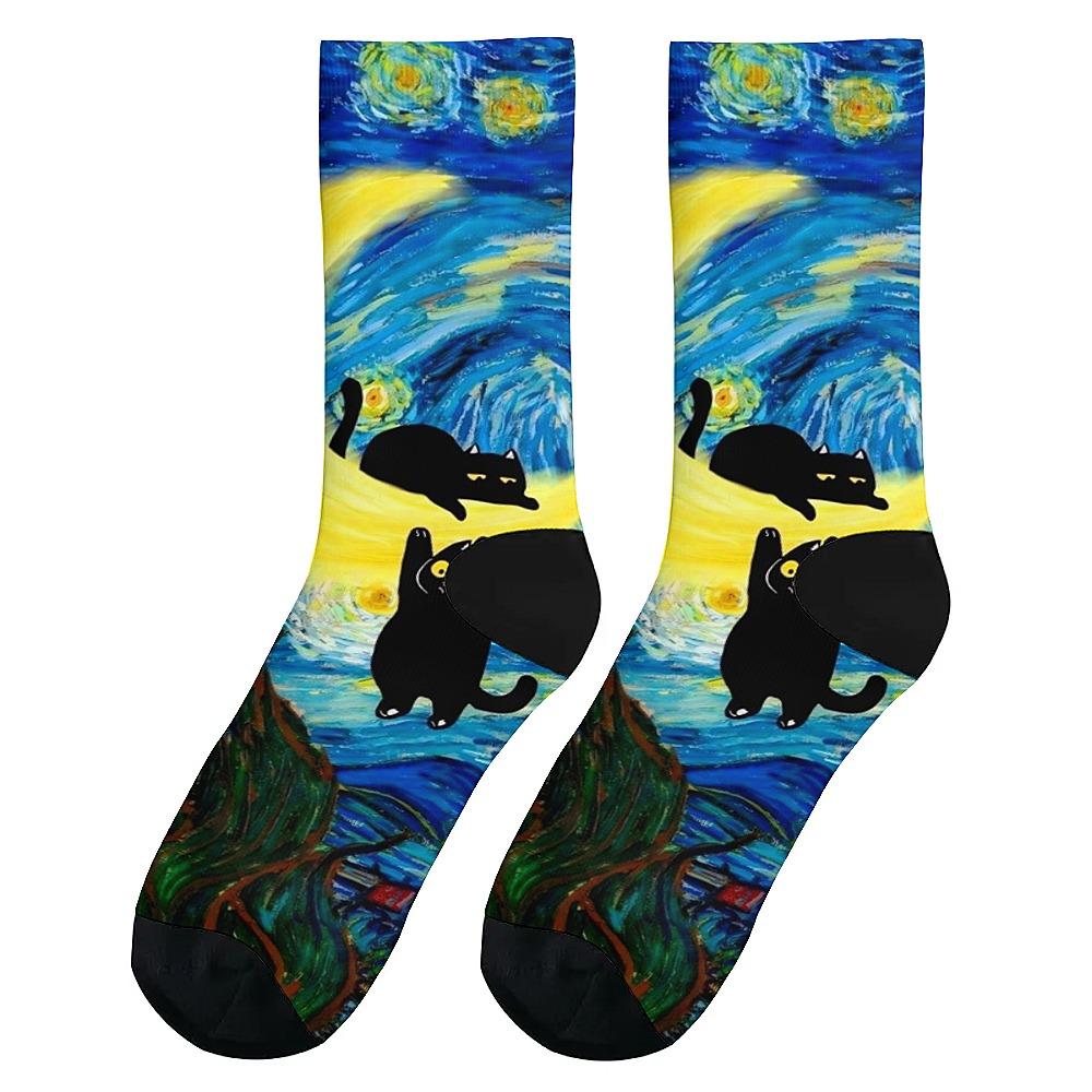 

Новинка для мужчин, носки средней длины с рисунком черного кота, модные и милые, универсальный стиль, дышащие и теплые, идеальный подарок One Size