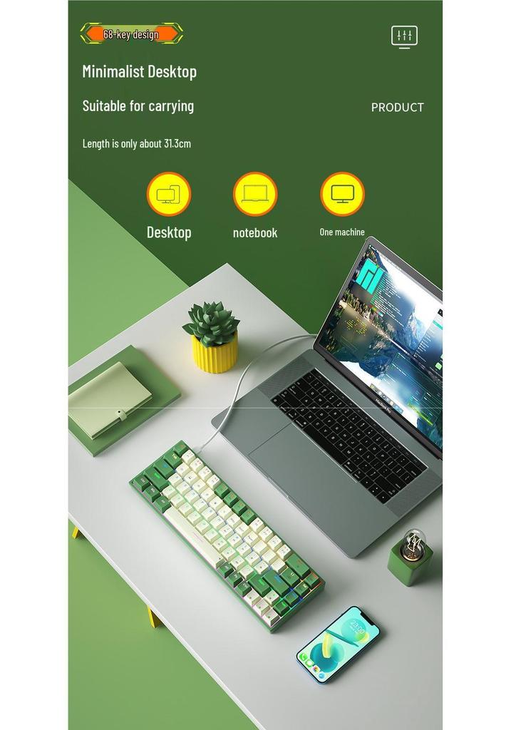 BOW Hot-Swappable Wired Mechanical Keyboard - Universal Compact Gaming with Small Red/Brown Switches, 68 Keys