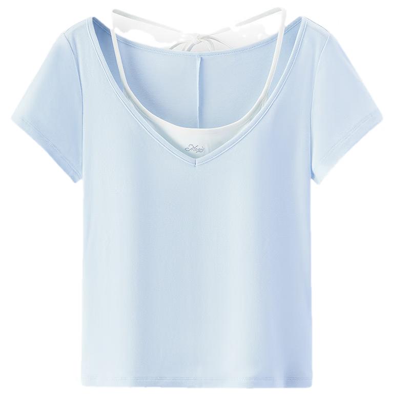 Semir Women s Halter V-Neck Faux Two-Piece Cropped T-Shirt XXXL