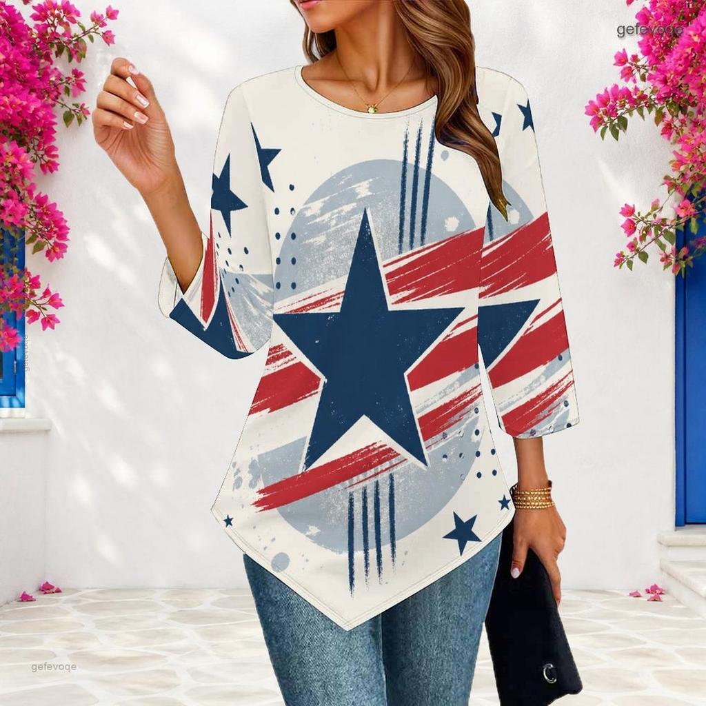 Womens Plus Size Casual Three Quarter Sleeve Blouse Pointed Hem Soft Breathable Daily Ladies Outfit Top