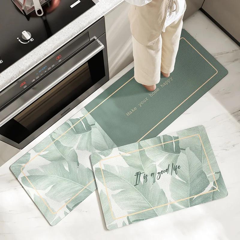 Fiber Leather Natural Rubber Kitchen Floor Mat, Soft Q-elastic Long Kitchen Mats Absorbs Water, Oil and Non-slip Foot Pads