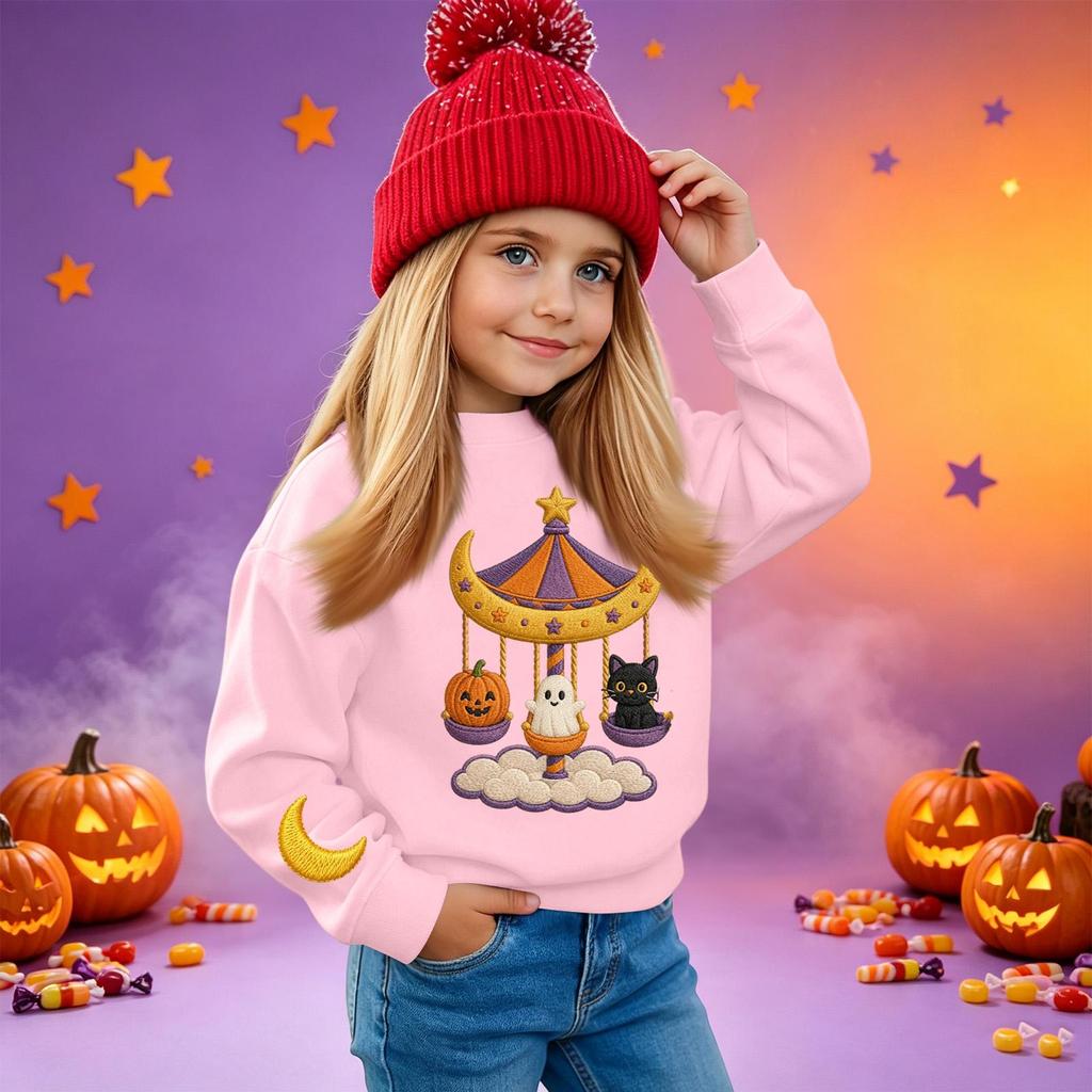 Kids' casual long-sleeved sweatshirt with Halloween print, suitable for holiday parties and everyday wear.