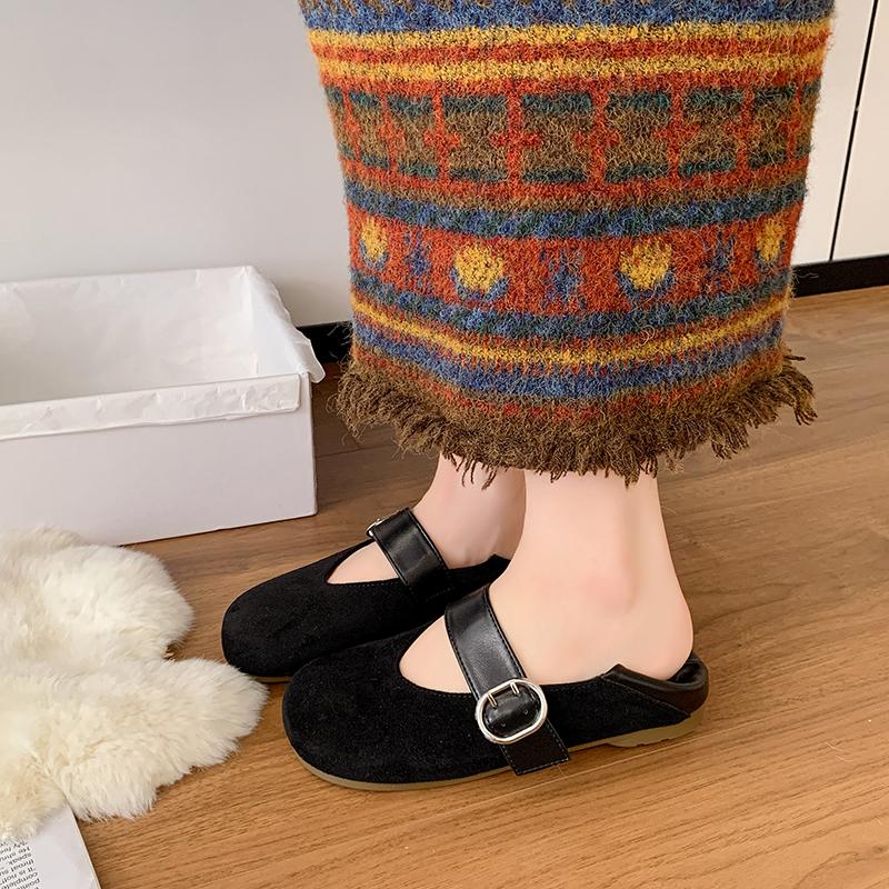 Inside Heightened Single Shoes Autumn New Round Toe Shallow Mouth Metal One-belt Soft Sole Non-slip Low-heeled Shoes