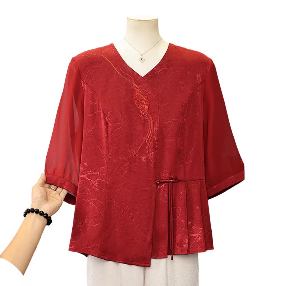 Elegant Chiffon Seven-Sleeve Top for Mom - Dignified & Stylish Summer Wear for Middle-Aged & Elderly Women