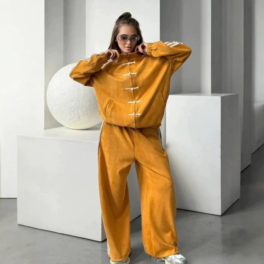 Tuta 2 Pezzi Moda 2026 con Bottone Annodato Giacca Retro con Collo Rialzato Pantaloni Larghi