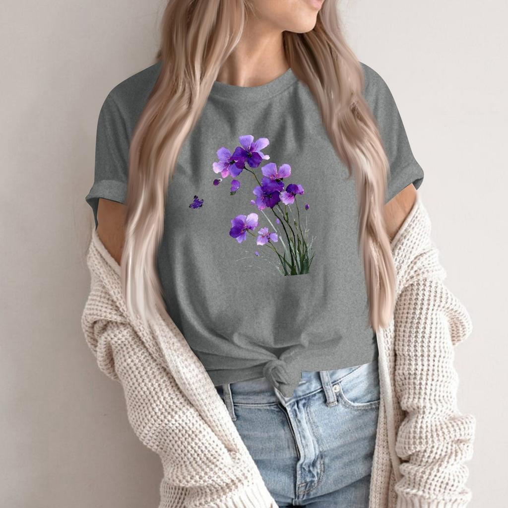 Camiseta Pulóver Casual de Moda para Mujer con Cuello Redondo Estampado y Manga Corta