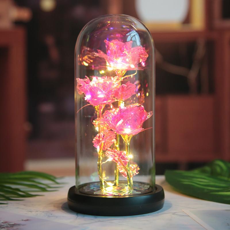 Three Gold Rose Glass Cover Ornament, Creative Valentine's Day Gift, Luminous LED Night Light