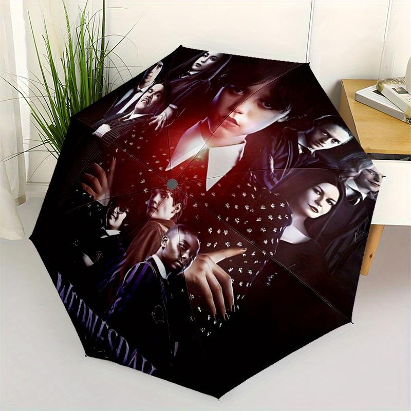 1pc Wednesday Addams Automatic Folding Umbrella, Portable Collapsible Design, 8-Rib Iron Frame, , All-Season Casual Outdoor Accessory for Christmas Bi