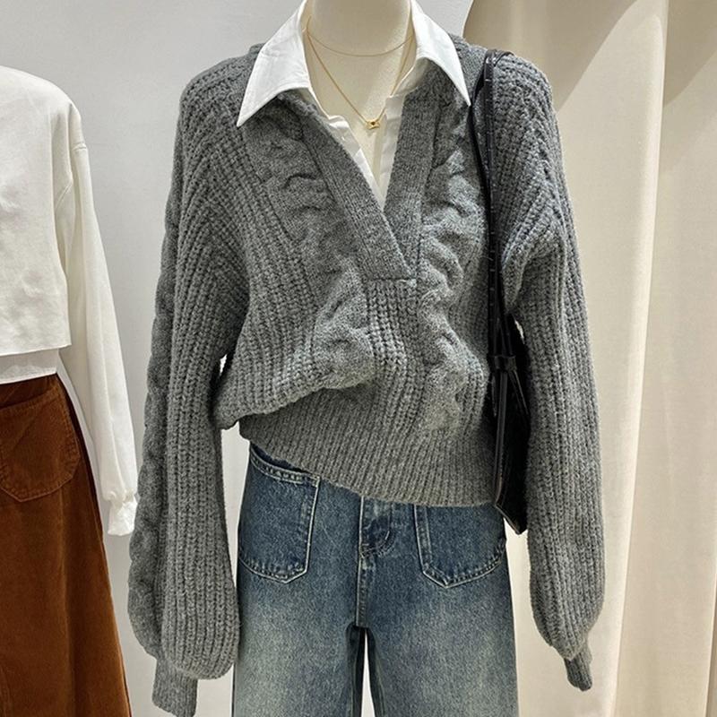 Retro svetr Dámský falešný dvoudílný polo límec s límcem Knitted Twist Top