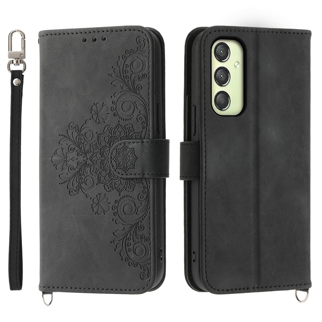 For Samsung Galaxy A25 5G (Global) (161.0 x 76.5 x 8.3mm) Case Flower Imprinted Phone Leather Cover with Straps
