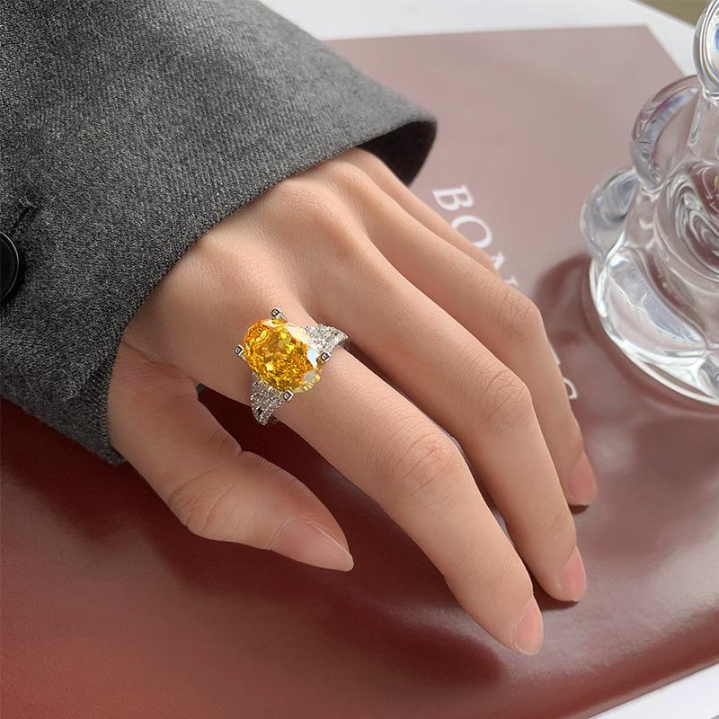 Jewelry Copper Bottom Gold Plated High Carbon Diamond Ice Flower Cut Pigeon Egg Copper Inlaid Ring Female 10 * 14