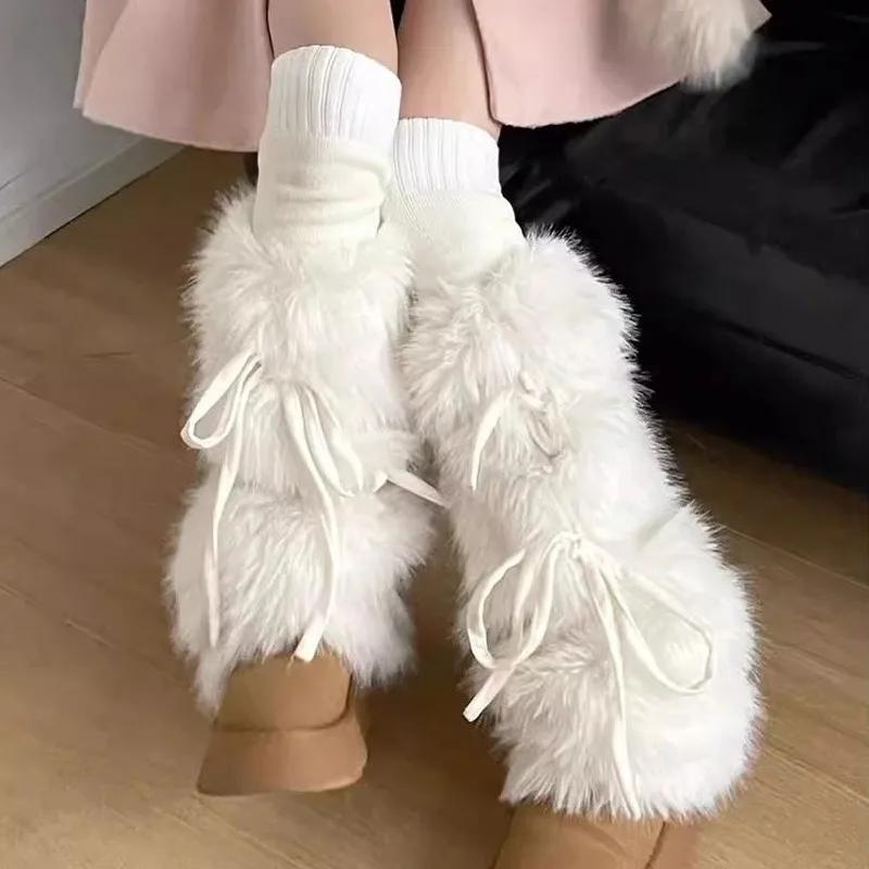 Sweet Lolita Ribbon Bowknot Furry Plush Leg Warmers For Women Girls Winter Warm Thickened Leggings Socks Y2K Boot Cover Sockings