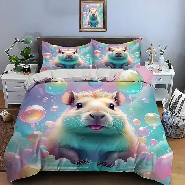 Schattig Cartoon Capybara Print Beddengoed Set Dekbedovertrek 1 Dekbedovertrek 2 Kussenslopen Beddengoed Set voor Volwassenen en Jongens Kerstcadeaus