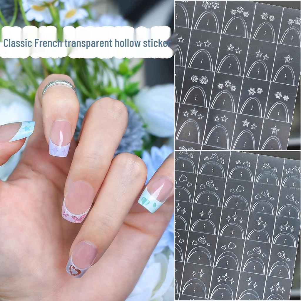 French Hollow Nail Art Stickers: Transparent Double-Sided Star & Snowflake Design