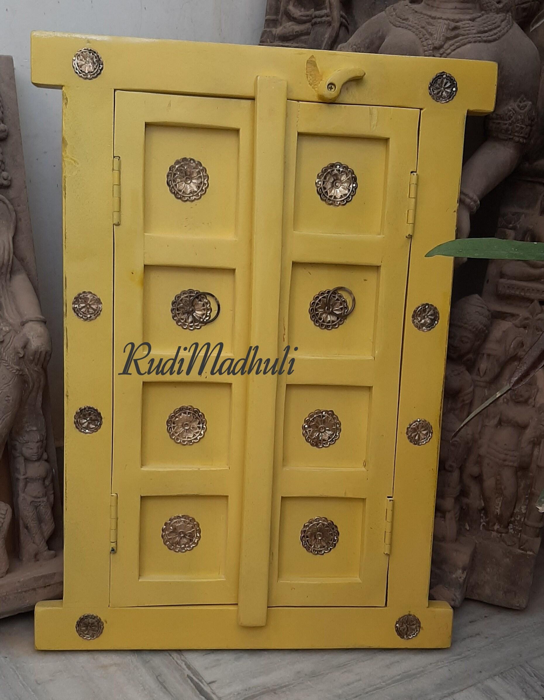 

Vintage Style Yellow Wooden Window with Brass Flowers - Indian Decor разноцветный