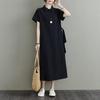Summer Cross-border New Japanese Solid Color Cotton and Linen Lapel Short-sleeved Loose Dress Women's Medium and Long