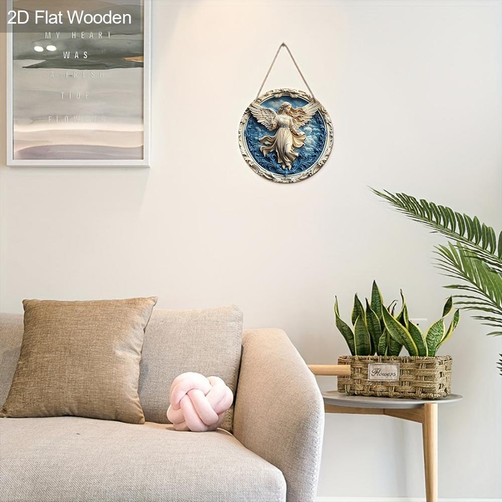 Holy Angel Wooden Sign - Beautiful Angel Round Artwork for Front Door Wall Home Hanging Decoration