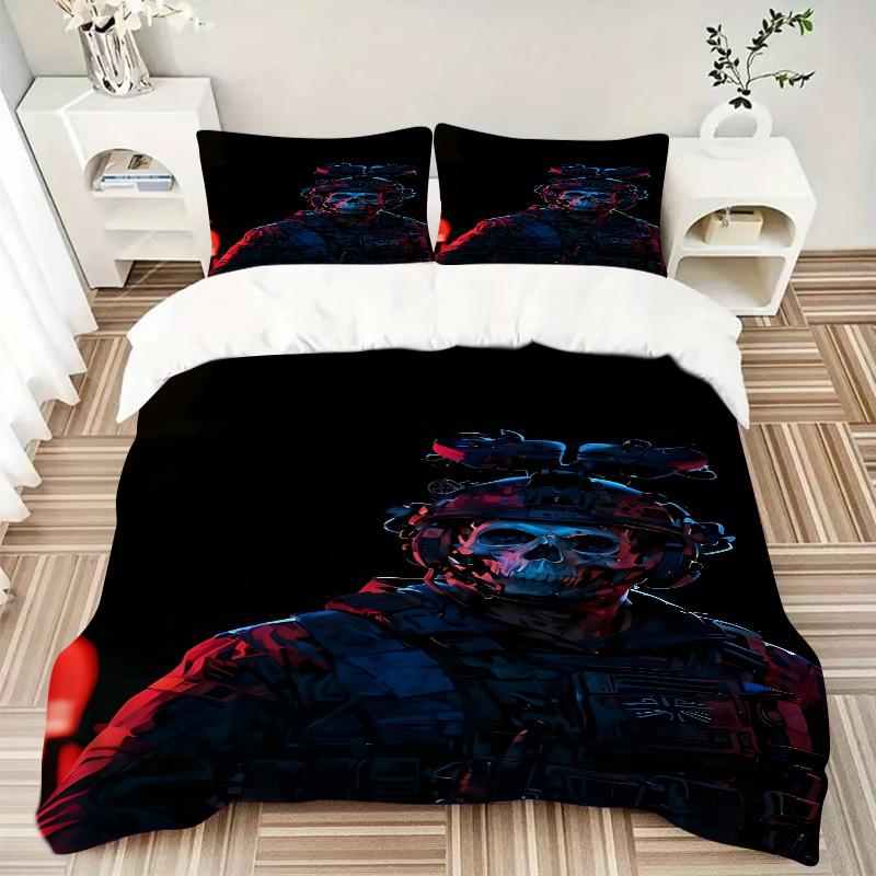 3pcs Skull Camouflage Military Uniform Print Home Bedding Set-Universal Three-Piece Suit for Bedroom, Guest Room, Living Room, Hotel-Perfect