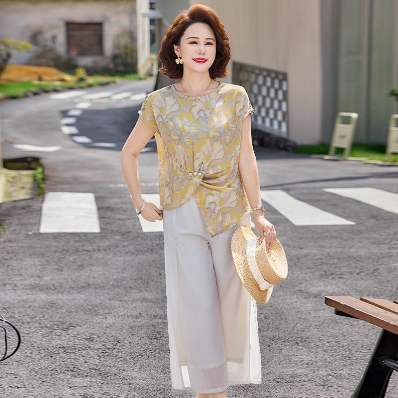 Elegant Summer Chiffon Two-Piece Set for Middle-aged and Elderly Women 5XL