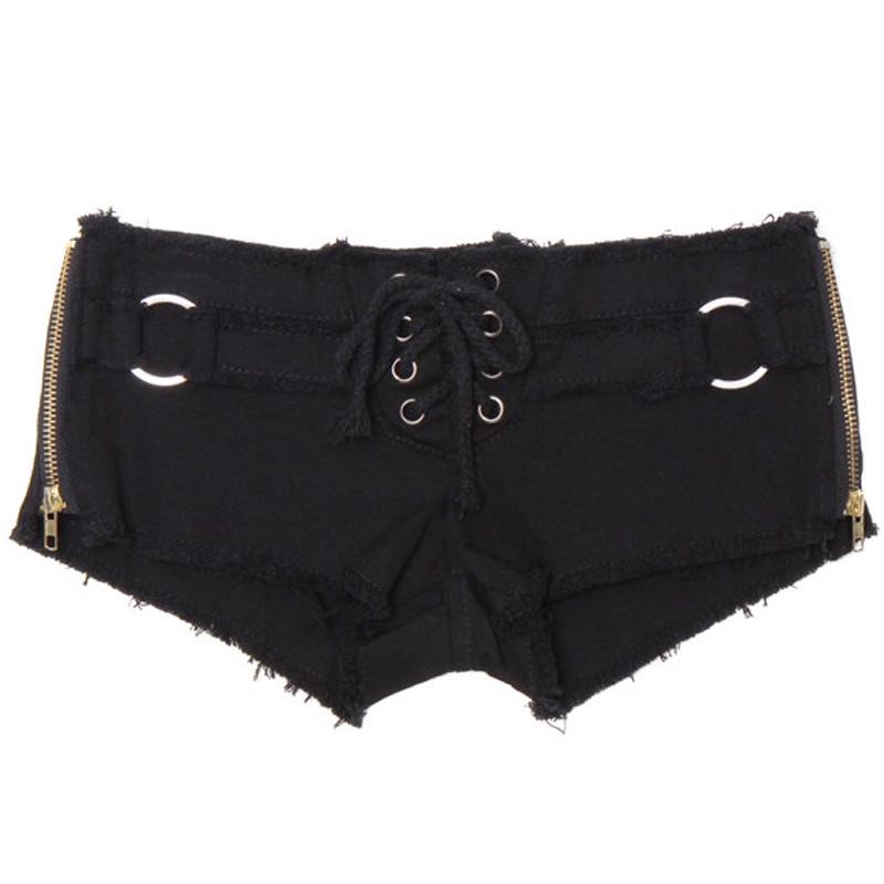 Women s Ultra-Low Waist Cotton Shorts - Slimming, Sexy, Lace-up, Side Slit, Black/White Trendy Hot Pants Medium чёрный