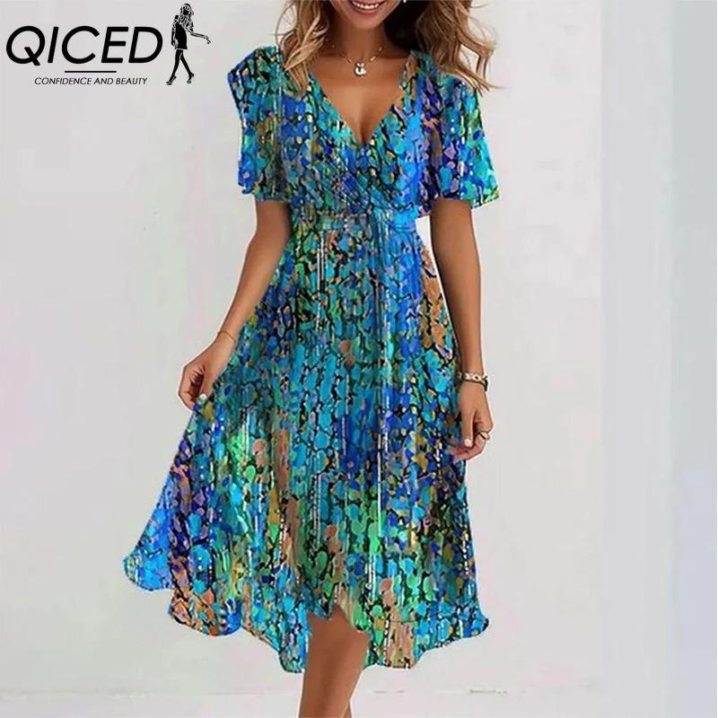 QICED Damenmode Sommer Frühling Kurzarm V-Ausschnitt Freizeitkleider