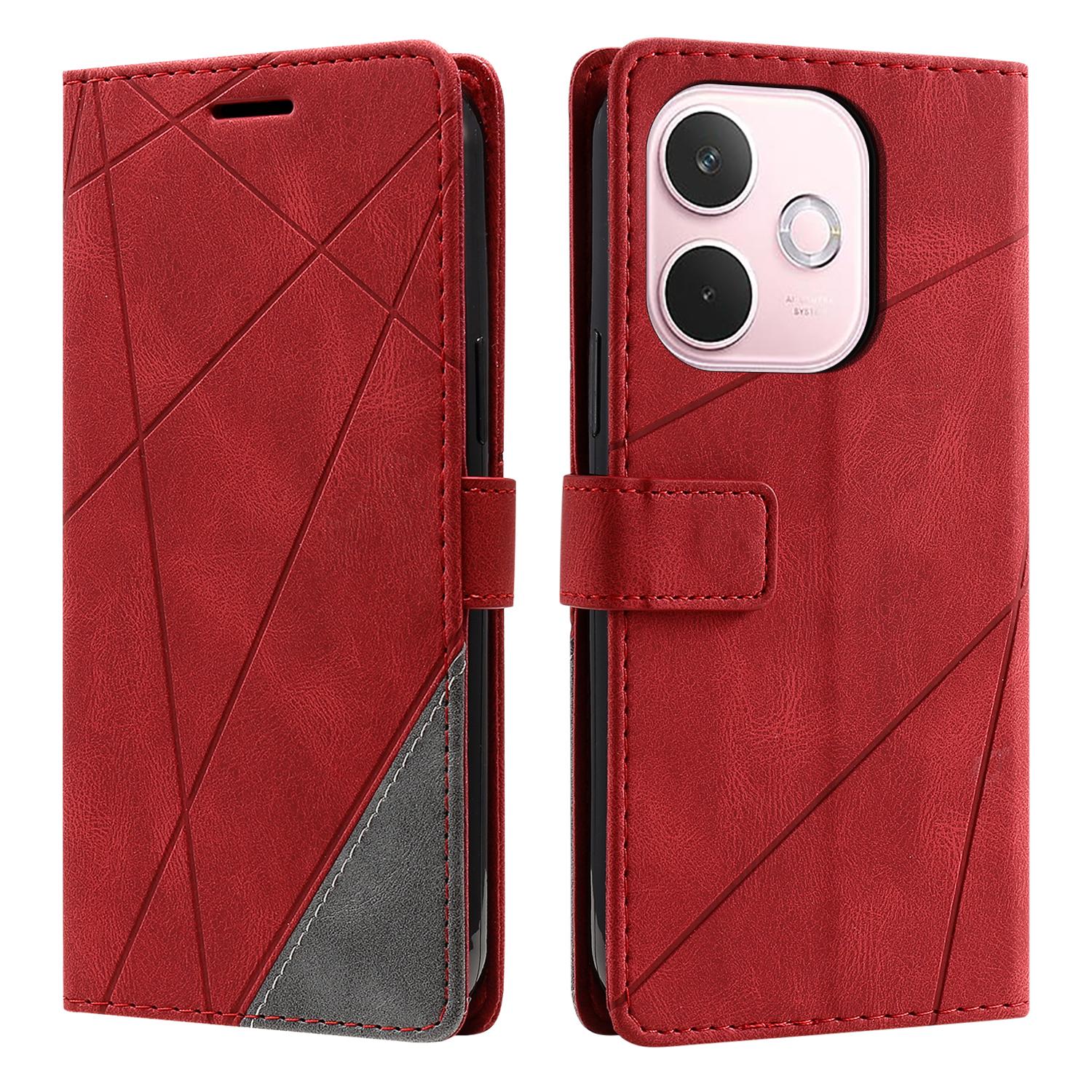 

Phone Case For Oppo A5 Pro 4G (Global)/5G (Global)/A5 Energy 5G (China),Imprinted Lines PU Leather Splicing Wallet Cover with Wrist Strap Red