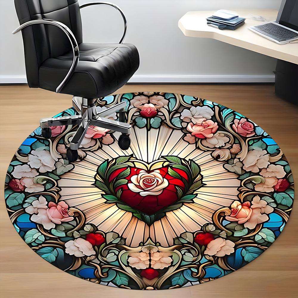 1pc Stained Glass HeartChair Carpet for Office, Indoor Non-Slip Washable Polyester Fiber Carpet, Mat For Office, Machine Washable