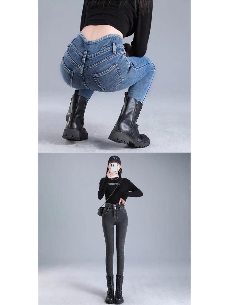 Jeans de Invierno de Felpa y Denim de Cintura Alta para Mujer - Pantalones de Nieve Ajustados, Gruesos y Cálidos para Estudiantes