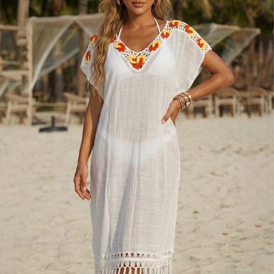 Handgehäkeltes Blumen-besticktes langes Fransen-Strandkleid, Badeanzug-Oberteil, Urlaubs-Kleid, Einfaches Kleid