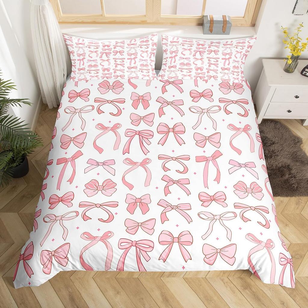 Pink Bowknot Duvet Cover Set Dreamy Princess Style Women Girl Soft Microfiber Bedding Set Pink Floral Queen King Comforter Cover