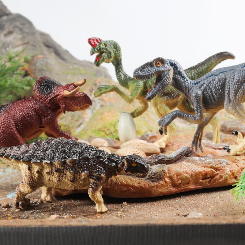 Oenux 4pcs Small Jurassic Dinosaur Set Action Figure T-Rex Mosasaurus Velociraptor Carnotaurus Animals Model Educational Kid Toy