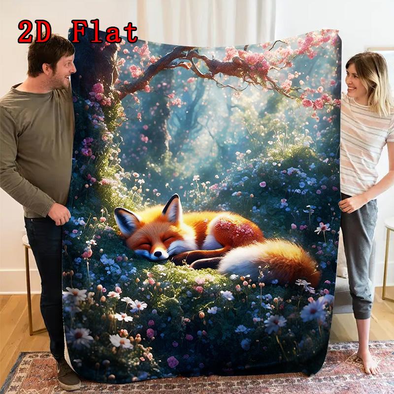 Sleeping Fox 2D Flat Pattern Flannel Blanket High Quality All Seasons Warmth and Comfort Perfect for Christmas Gifts.MMT0918152