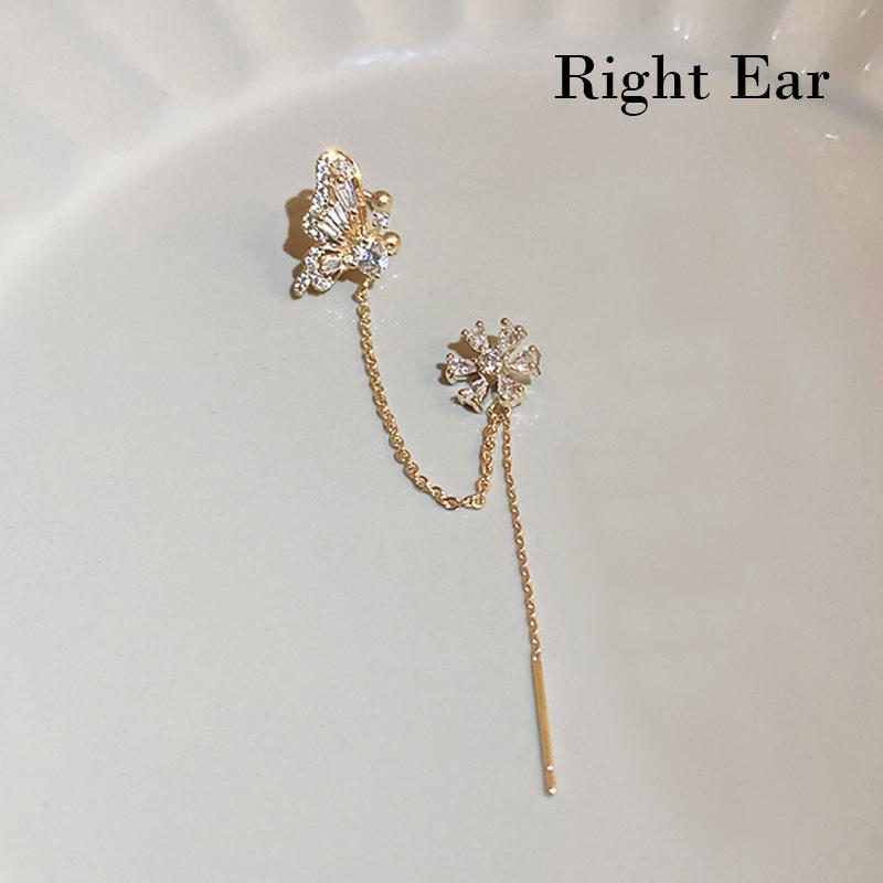 Kpop Gold Color Rhinestone Moon Star Clip Earrings for Women Simple Butterfly Fake Cartilage Long Tassel Ear Cuff Jewelry Gifts