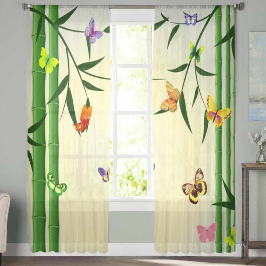 Oriental Bamboo Butterflies Sheer Curtains for Living Room Transparent Tulle Window Curtain Bedroom Kitchen Decor Veil Drapes