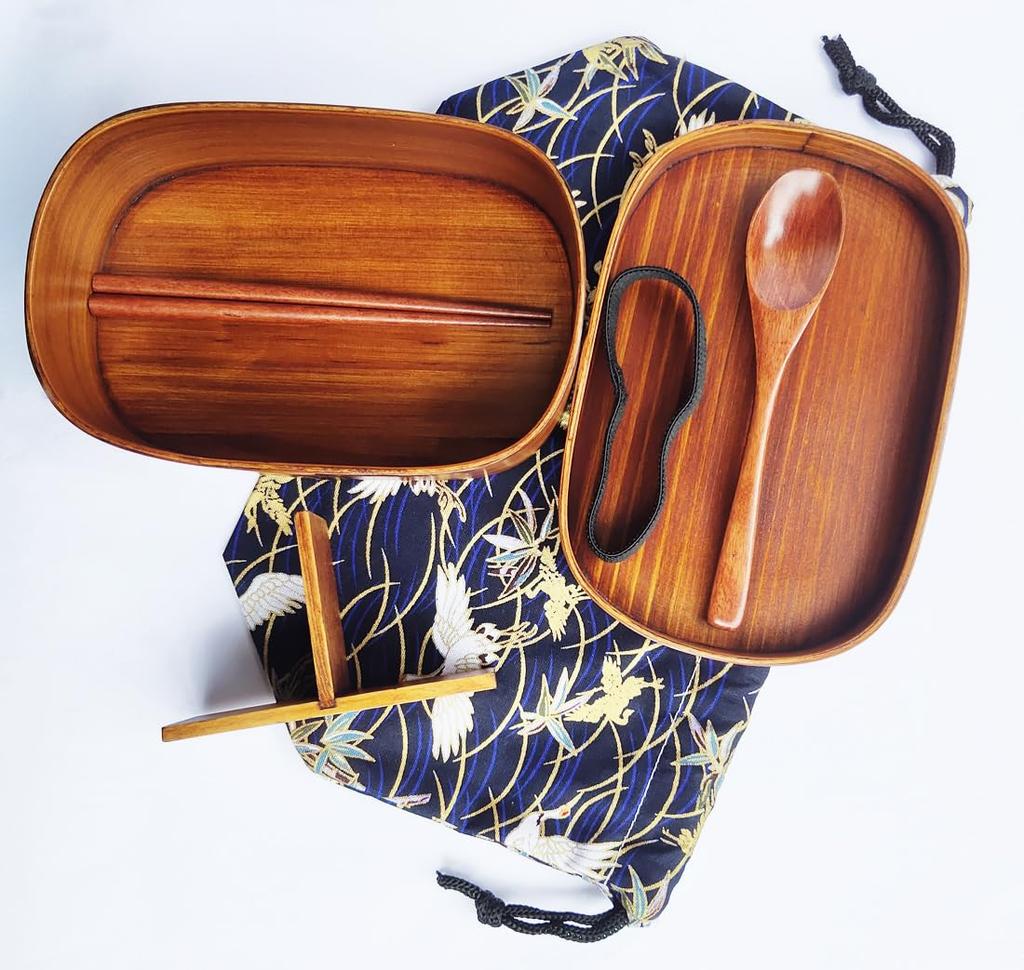 KXLCGYK Magewappa Bento 700ml Single Magewappa Natural Lacquer Blue Drawstring Wooden Spoon and Chopsticks Perfect for Commuting or School Box, Oval,