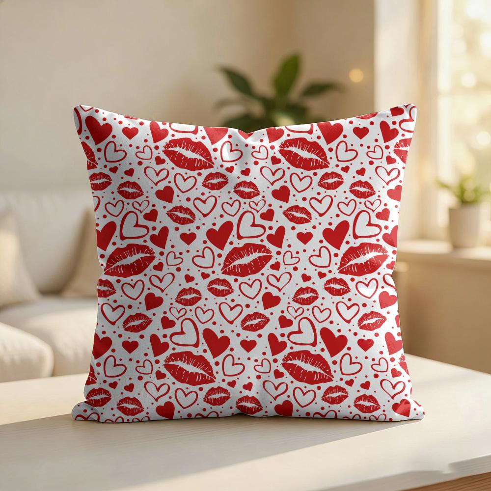 Red Lips Design Pattern Cushion Cover Silky Short Plush Invisible Zipper Dustproof Sofa Pillow Case For Home Decor