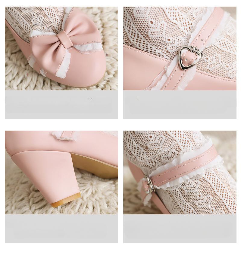 Autumn New Women's High Heels Sweet Lace Bow Princess Fashion Party Shoes Buckle Thick Heels Ladies Wedding Pumps Size 32-48