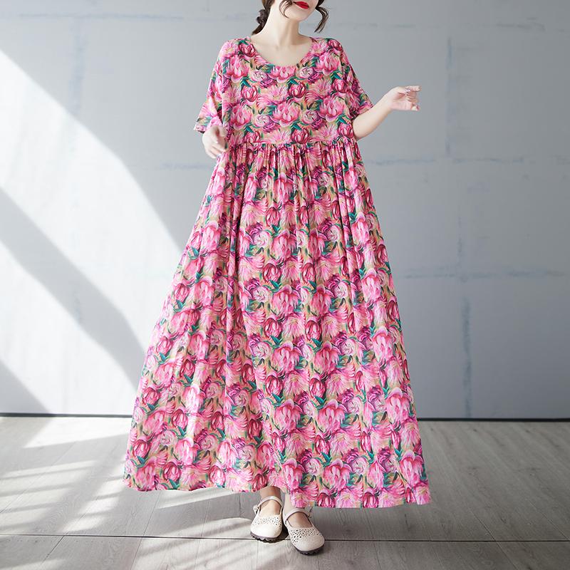 DIMANAF 2025 Sommer Übergröße Kleid Damen Vintage Floral Lässig Locker Basic Druck O-Ausschnitt Kleid Maxi