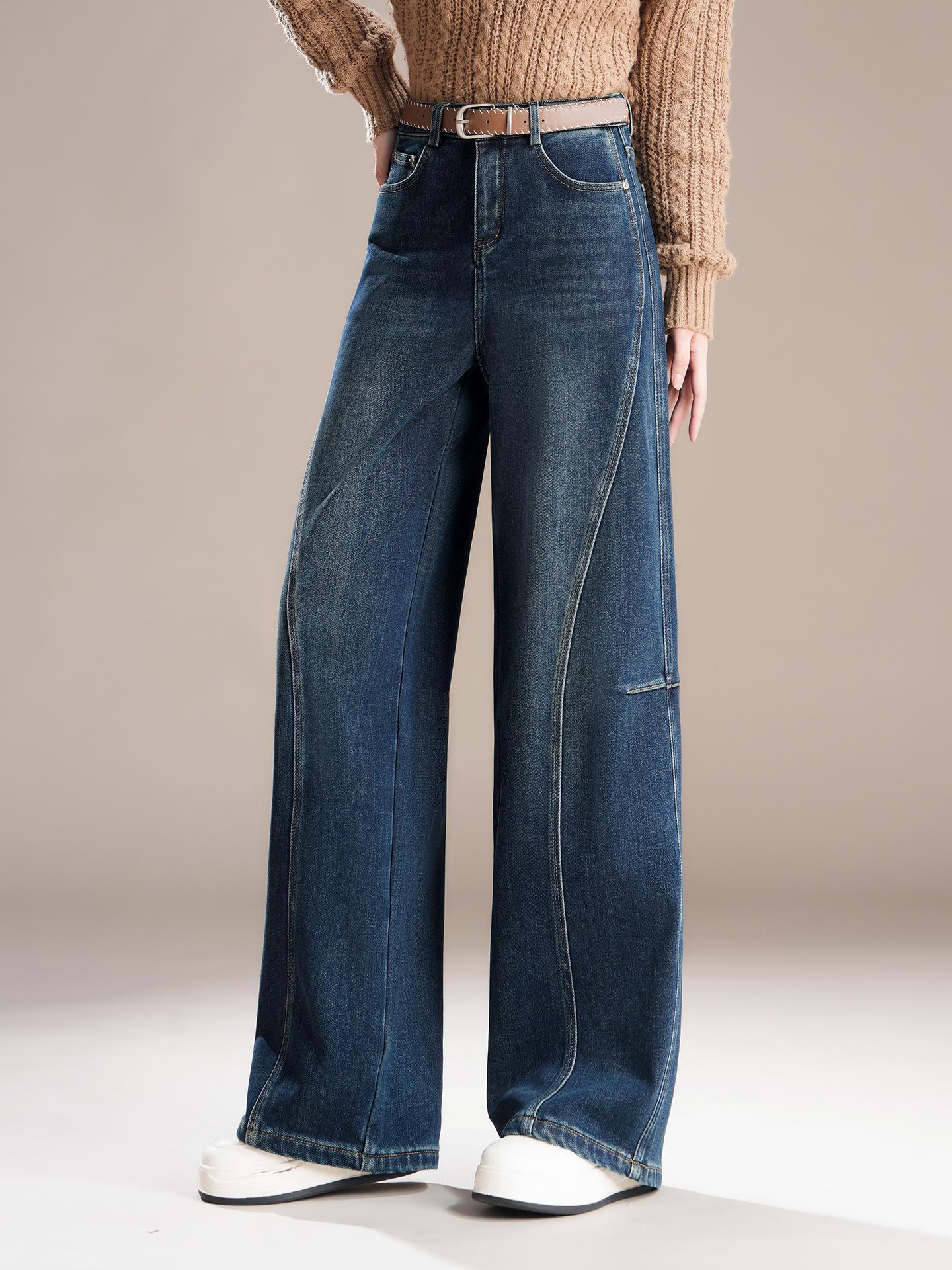 Women s Retro Plush Lined Wide-Leg High-Waisted Jeans: Winter 2025 Drapey Long Pants 26