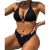 New bikini two-piece set black pleated neck triangle cup swimsuit bow high waist bikini
