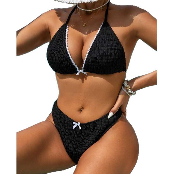 New bikini two-piece set black pleated neck triangle cup swimsuit bow high waist bikini