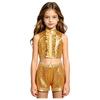 Girls Sequin Metallic Jazz Dance Outfit Mock Neck Sleeveless Back Invisible Zipper Ruffles Crop Top Shorts Set
