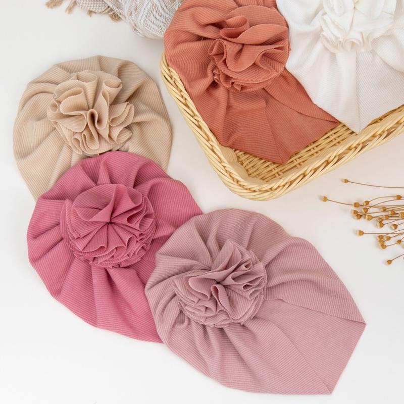 Fashionable Baby Turban Hat Solid Color Headwear Lovely Infant Fetal Caps with Lovely Flower Detail,  Trendy Headwrap