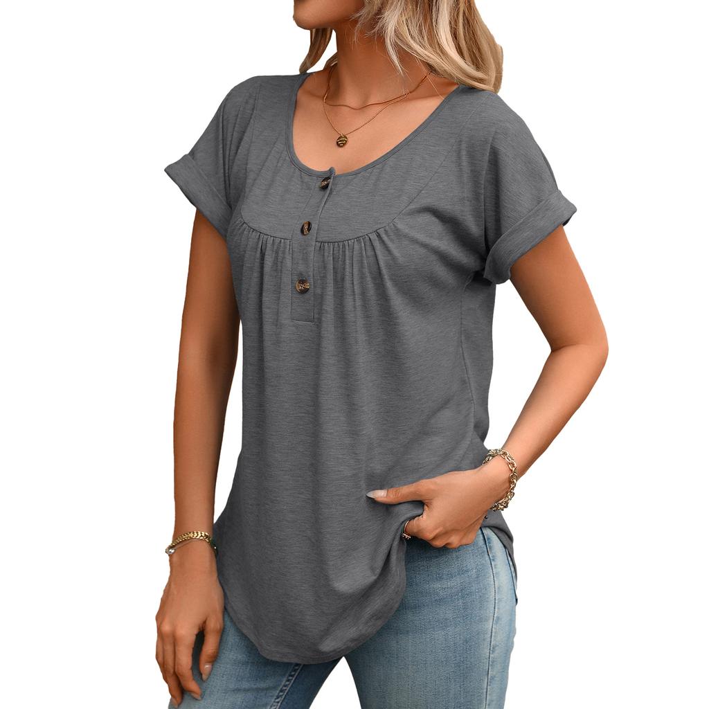 European Style Summer Solid Color Round Neck Button Loose Fit Short Sleeve T-Shirt Women