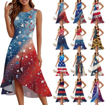Mode Féminine Décontractée Zippée Sans Manches Col Rond Imprimé Jour de l'Indépendance Élégant Tempérament Volants Robe Robes