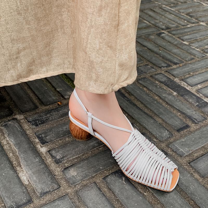 Women Sandals Sweet High Heels Fashion Genuine Leather Ankle Strap Narrow Band Office Party Shoes Woman 2024 New Women Sandals