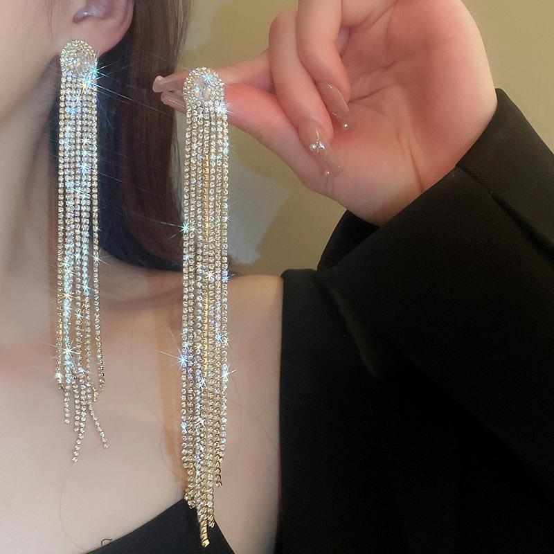 Silver Needle Zircon Geometric Tassel Earrings: Luxurious High-End Fashion Earrings for Women