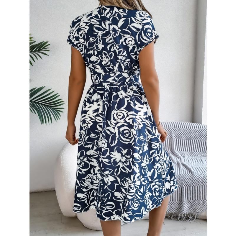 Summer V-neck Short Sleeve Floral Printed Women Dress Casual Fashion Elegant Simple A-line Party Dresses Lace-up Female Women's Clothing
