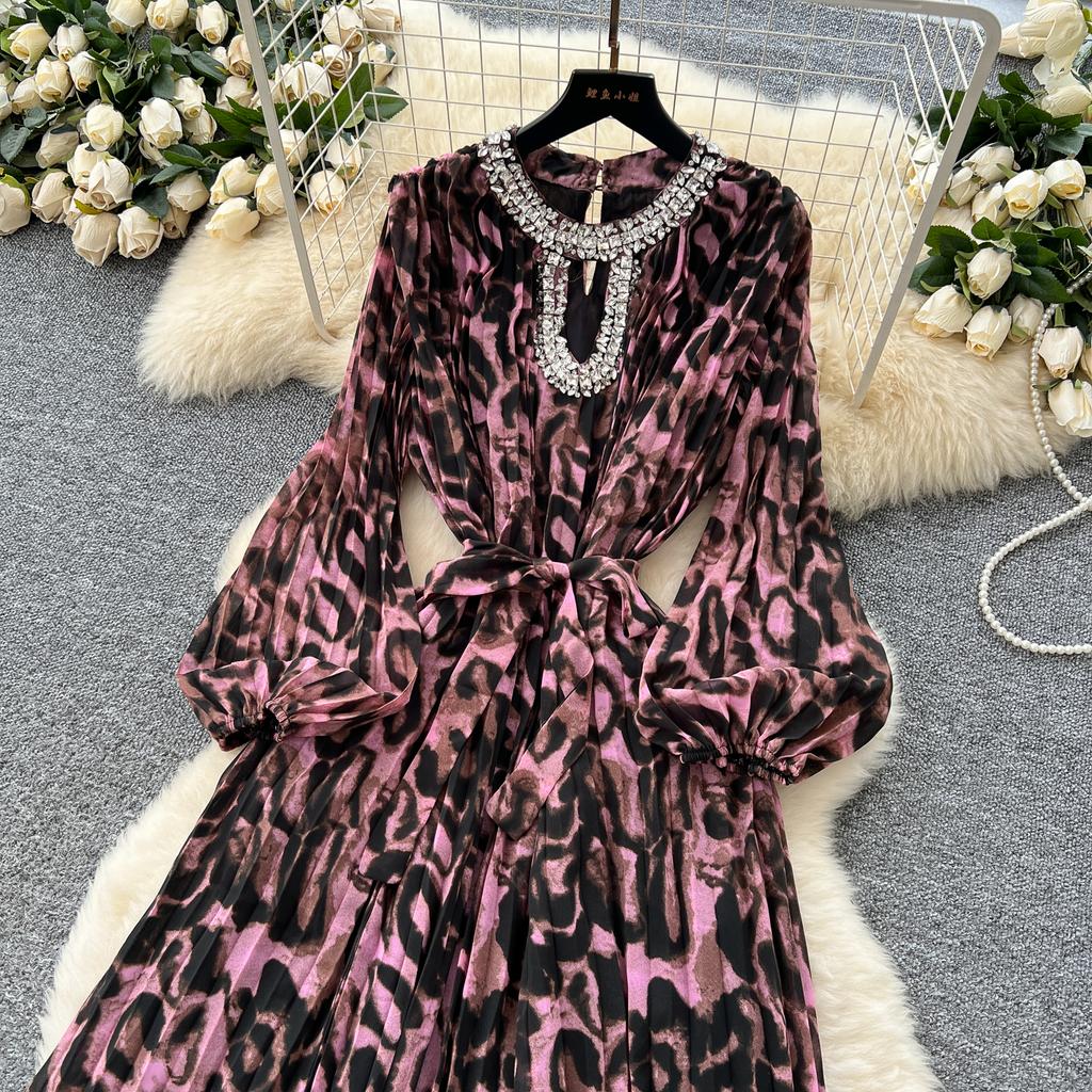 Szykowna vintage seksowna sukienka z długim rękawem w panterkę w kształcie litery A Moda moda koreańska Wyszczuplająca letnia Eleganckie sukienki